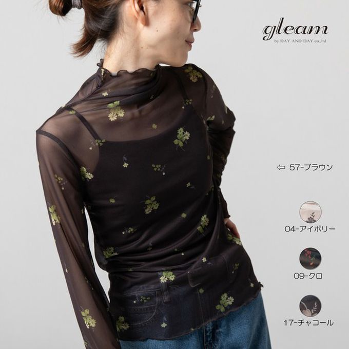 日本 gleam - 優雅小花木耳邊透膚高領長袖上衣-黑x紅花