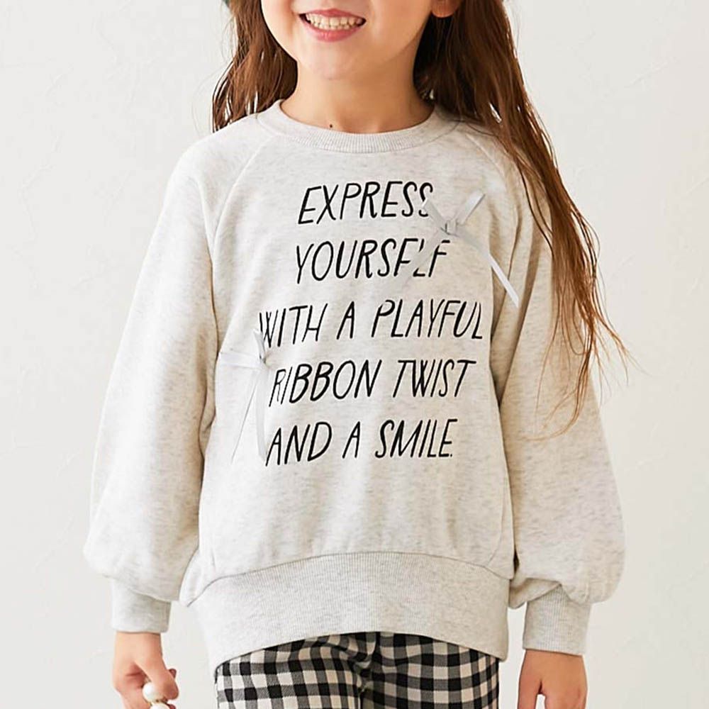 可愛女孩印花縮口長袖上衣-蝴蝶結緞帶-燕麥