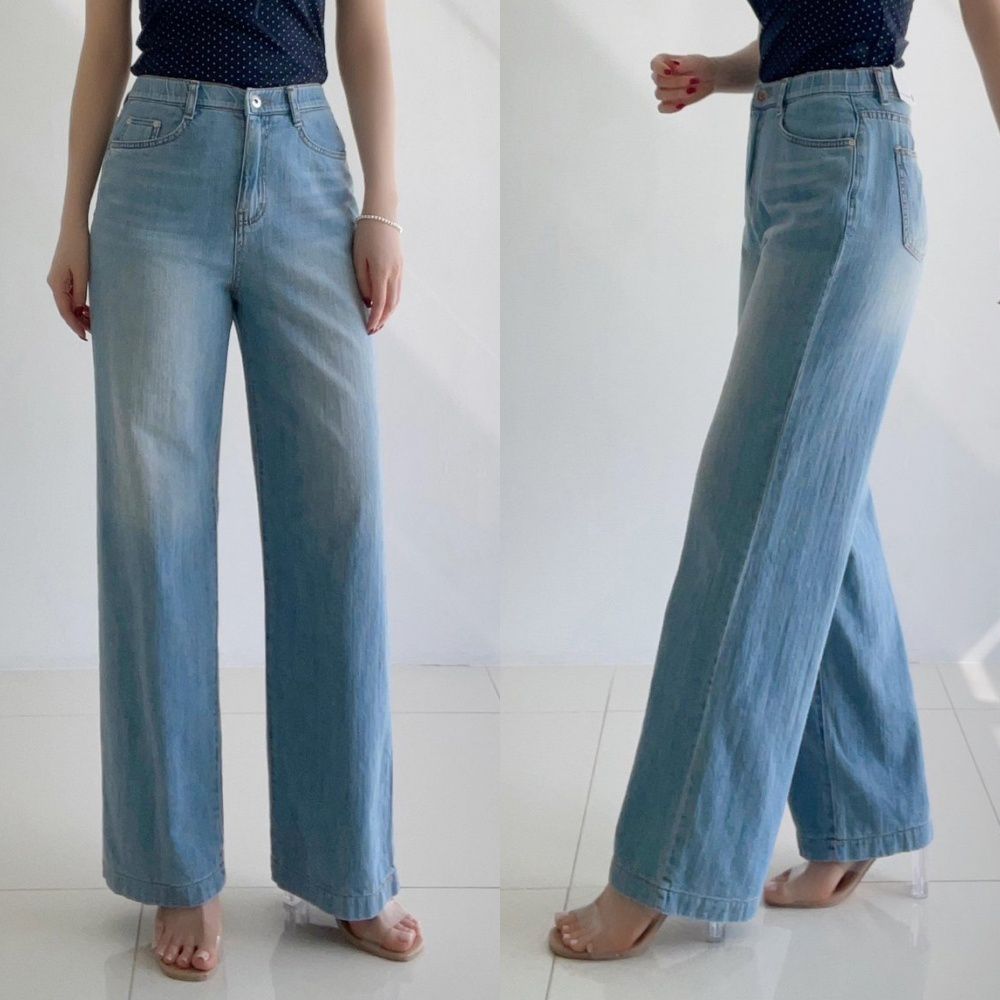 Howluk 鬆緊腰柔軟丹寧丹寧落地褲-淺藍