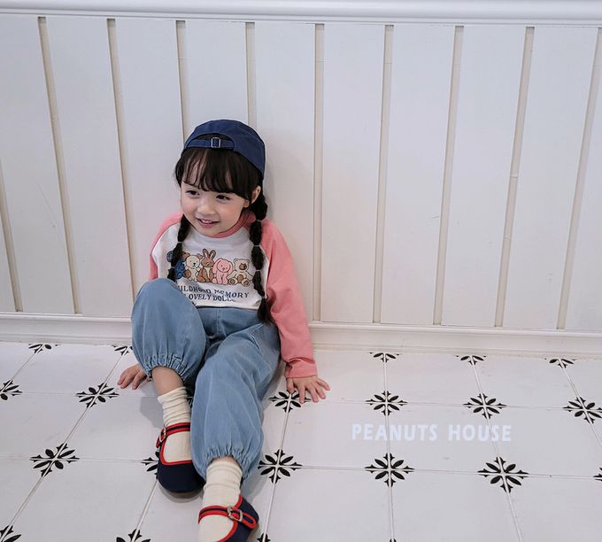 韓國 Peanuts House - 動物好友玩偶印長袖上衣-粉橘