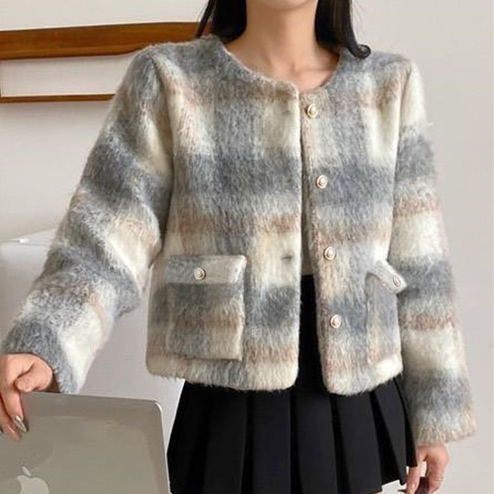 復古感格紋甜美毛海無領外套-灰 (F)