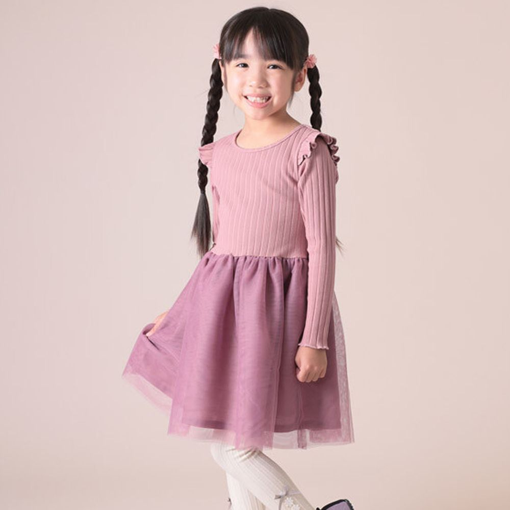日本 TORIDORY - 羅紋針織薄紗拼接長袖洋裝-紫