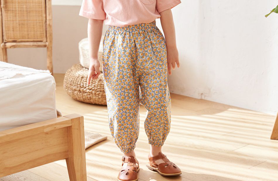 韓國 Bebezoo - 透氣純棉縮褲管防蚊褲-花花橘