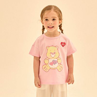 韓國 Care Bears - 聯名款萌萌大熊純棉短袖上衣-雙心黃熊-粉