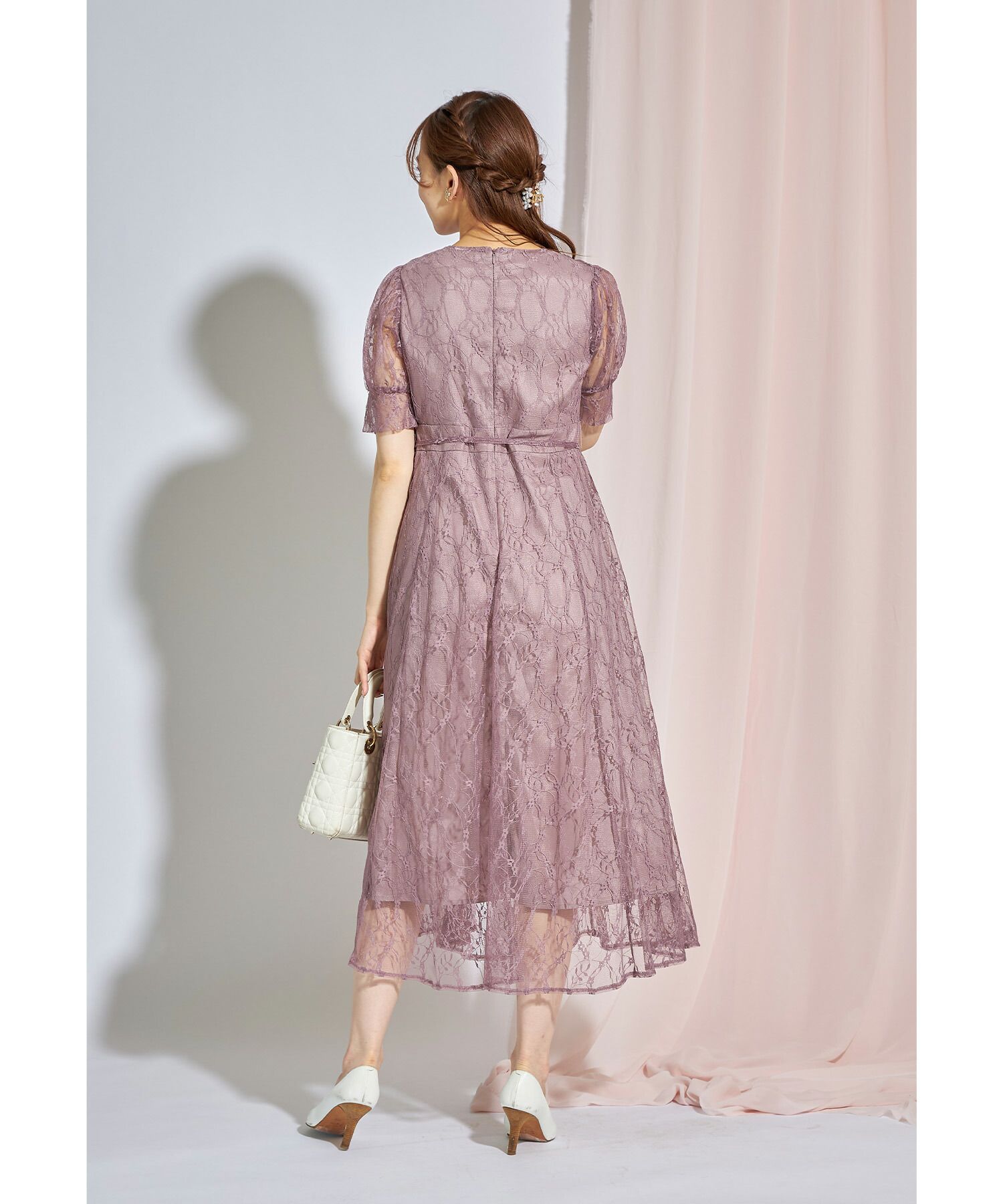 日本 tocco-closet - 優雅V領蕾絲縮腰洋裝-磚橘