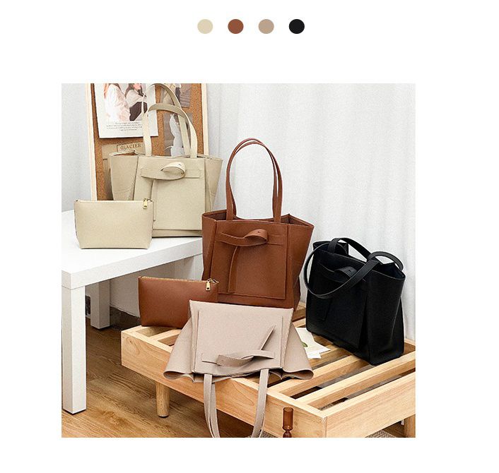 真皮簡約大容量單肩子母包/托特包-含小收納包-奶茶色 (30x12x28cm)