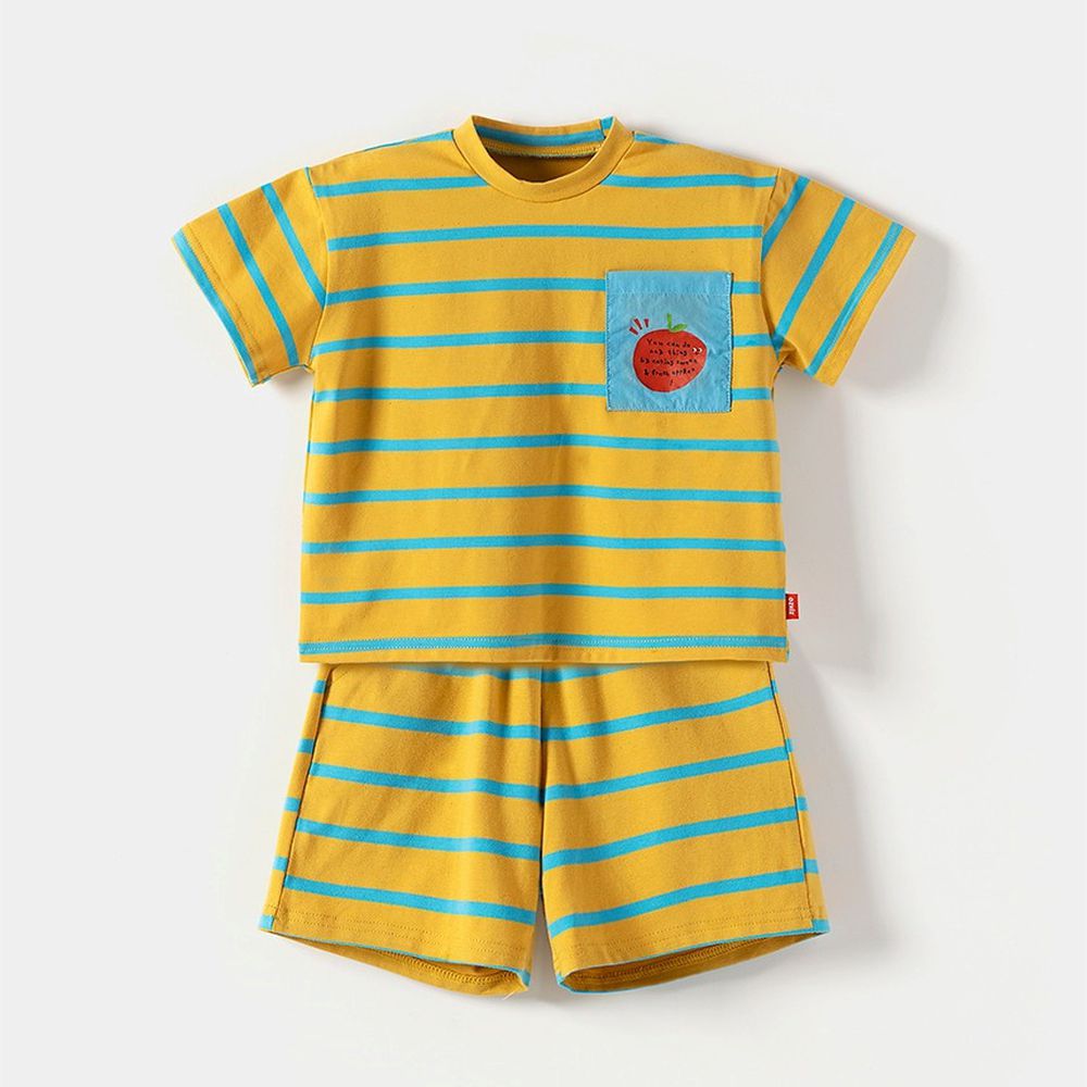 胸前水果口袋撞色條紋短袖套裝-黃X藍