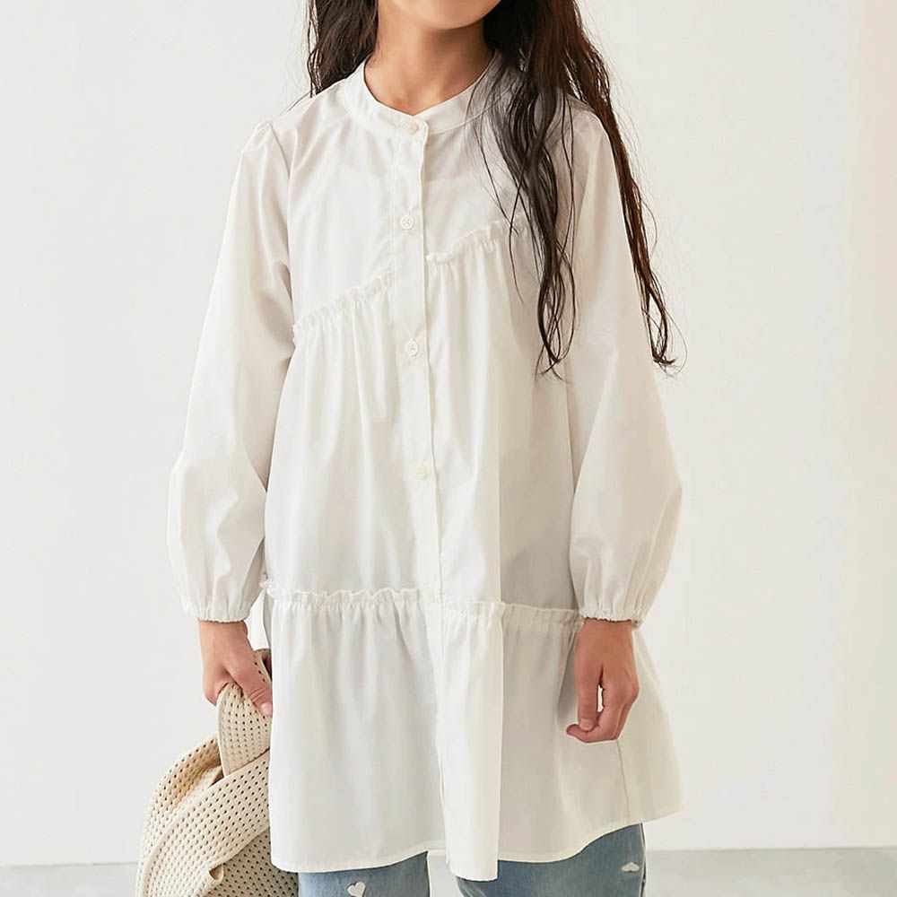 甜美荷葉邊襯衫長袖洋裝-白