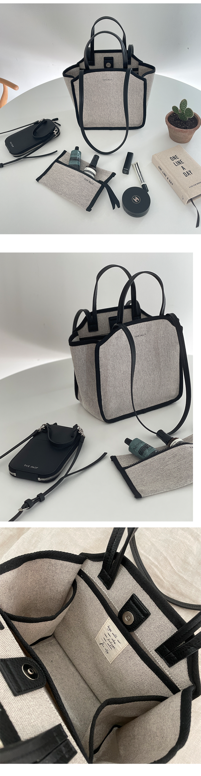 韓國 THEALLY - (附小袋)質挺帆布方包手提/肩背包-黑 (中)