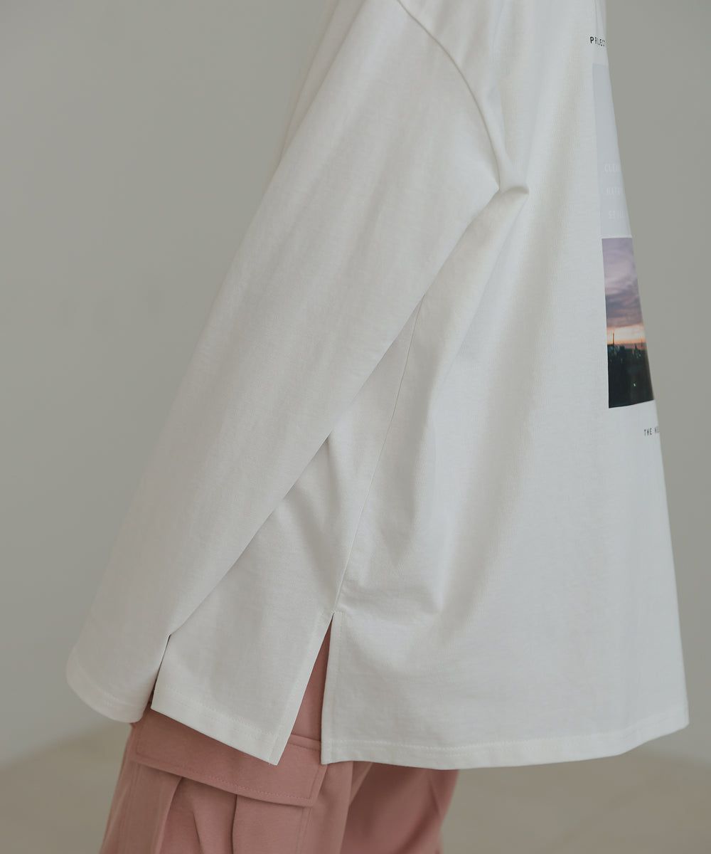 日本 Bab - 100%棉 寬鬆落肩印花長T-深灰