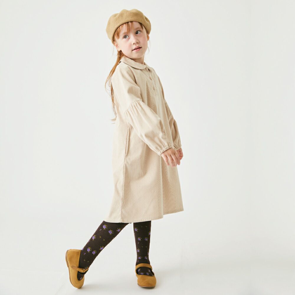 日本 evercloset - 甜美圓領燈芯絨澎澎長袖洋裝-炭灰