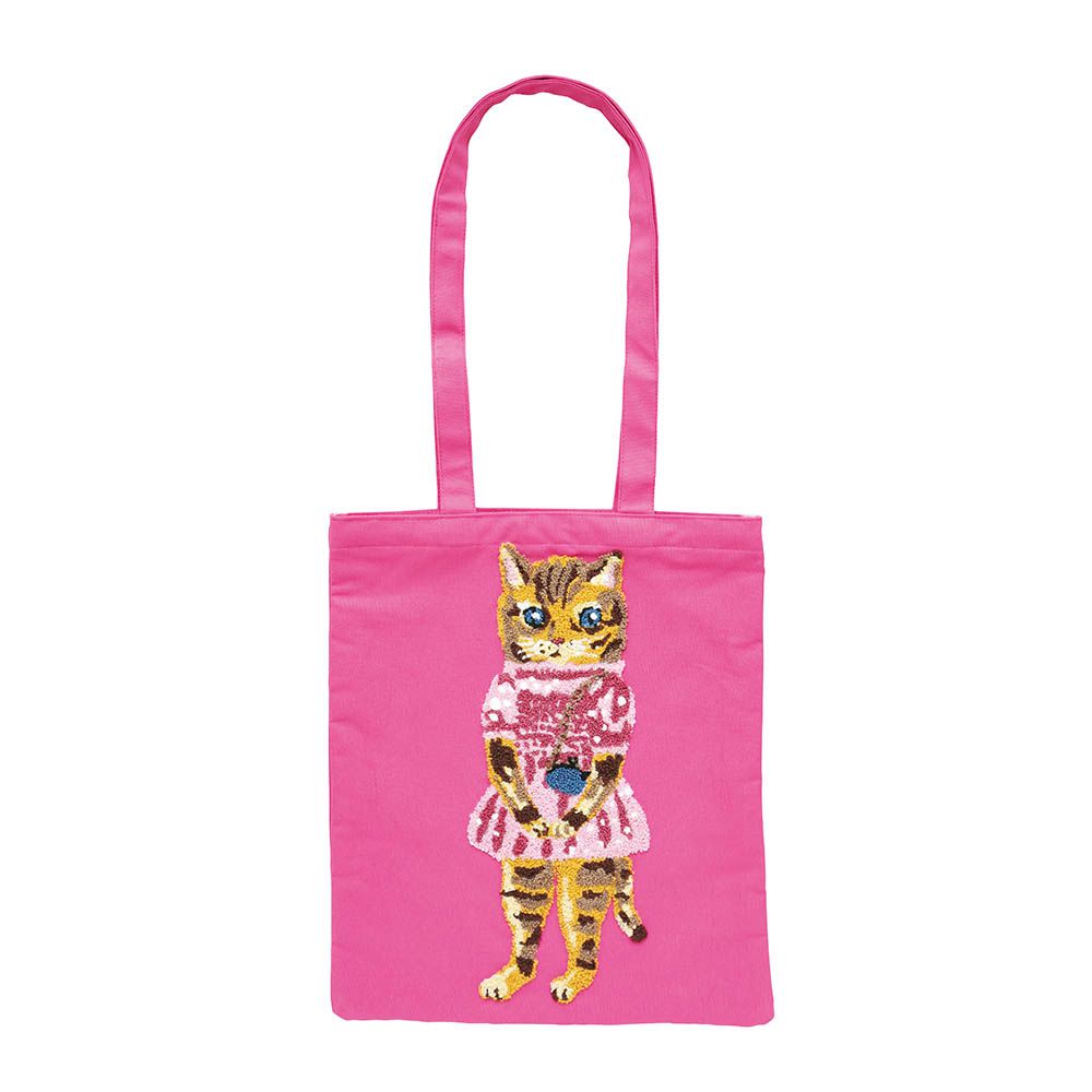 貓咪立體刺繡肩背托特包-桃紅