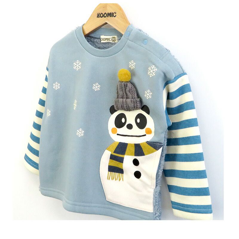 日本 ZOOLAND - 童趣印花圓領長袖上衣-熊貓雪人-條紋x鵝黃