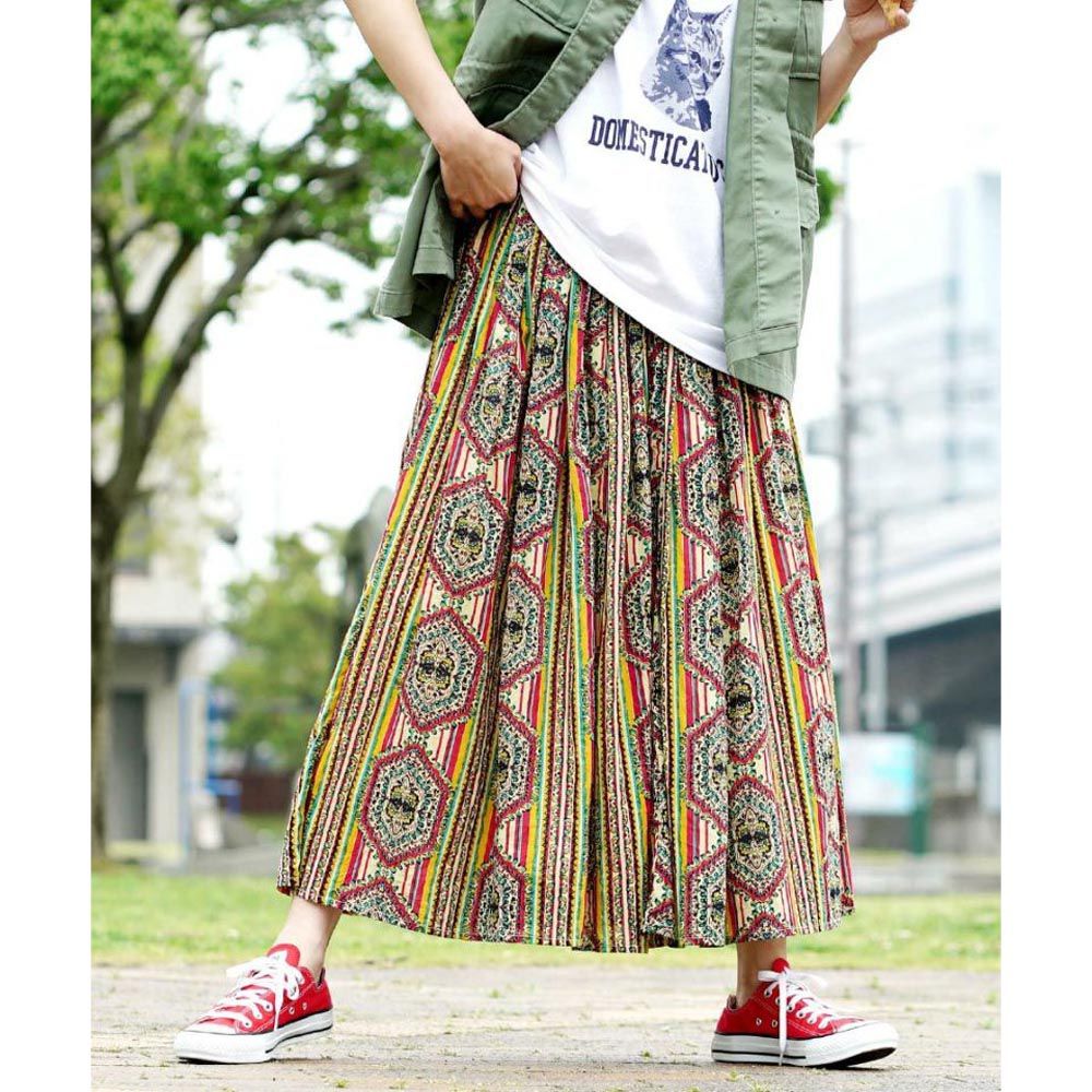 日本 zootie - 100%印度棉印花長裙-民族條紋-綠黃