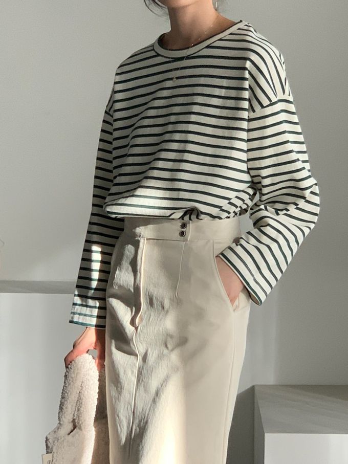 韓國女裝連線 - 不對稱後開衩條紋長袖上衣-墨綠 (FREE)