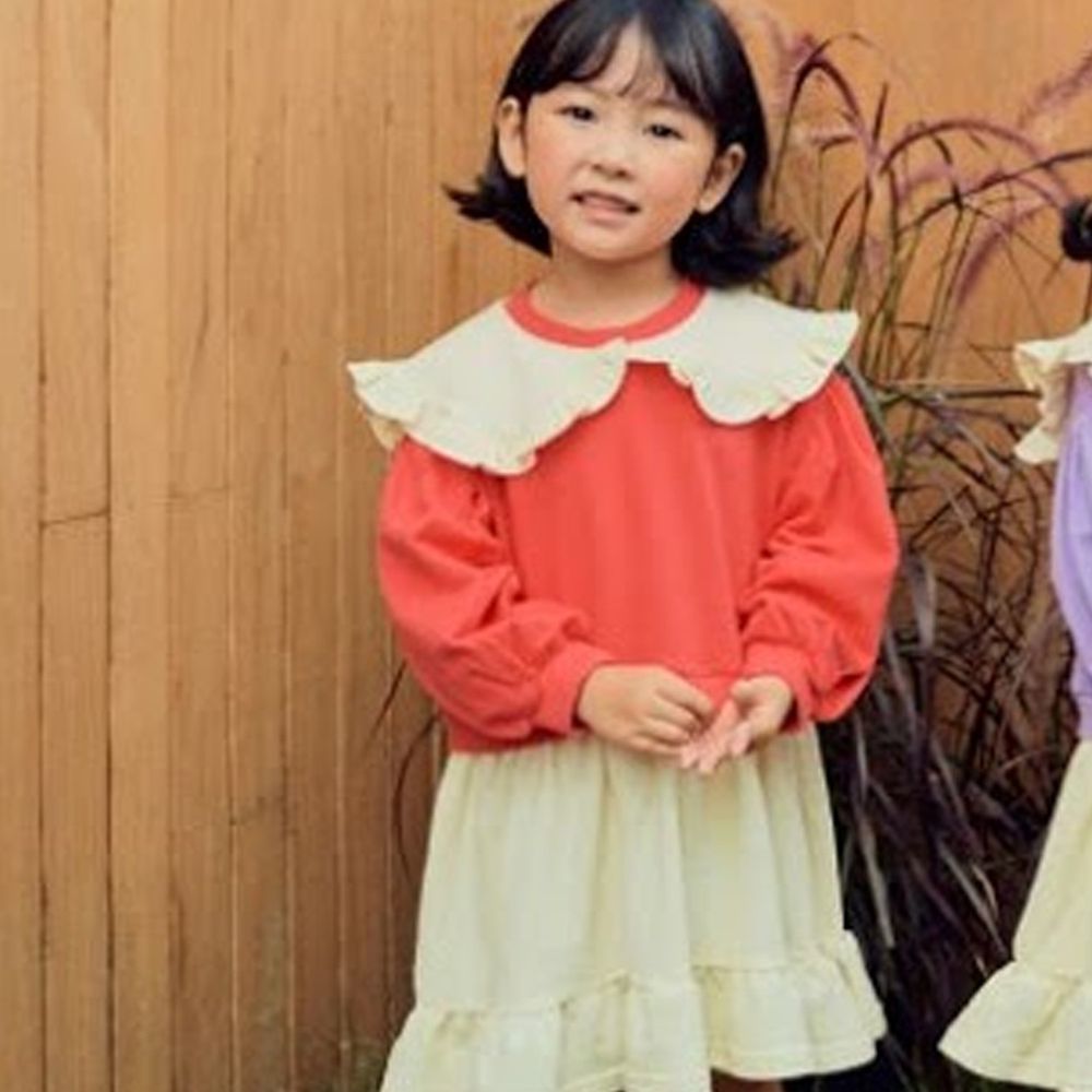 韓國 Hanab - 大花瓣領泡泡袖拼接洋裝-橘紅