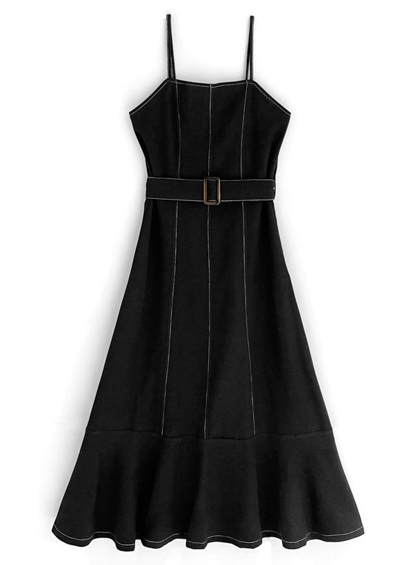 日本 GRL - 質感麂皮修身吊帶魚尾裙(附腰帶)-咖啡