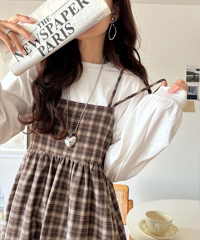 日本 Classical Elf - 學院風格紋甜美雙吊帶洋裝-咖啡