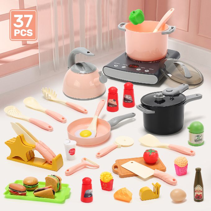 CuteStone - 兒童仿真電磁爐與吐司漢堡切切樂套裝玩具37件組