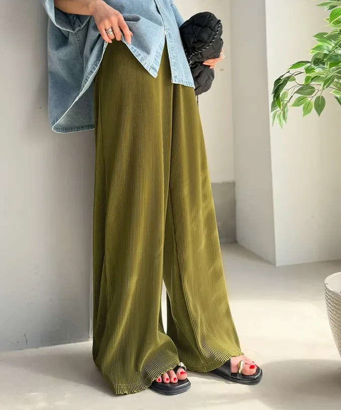 日本 Classical Elf - 時尚流線感細摺飄逸長褲-素色-橄欖綠