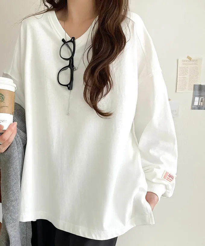 日本 Classical Elf - Java 簡約顯瘦V領長袖上衣-白