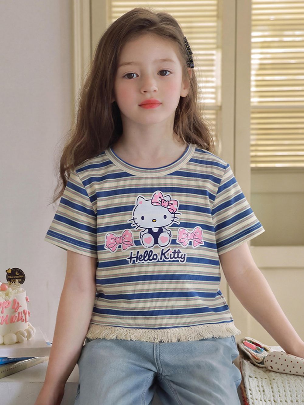蝴蝶結印花條紋流蘇下擺短袖上衣-卡通人物Hello Kitty-藍色