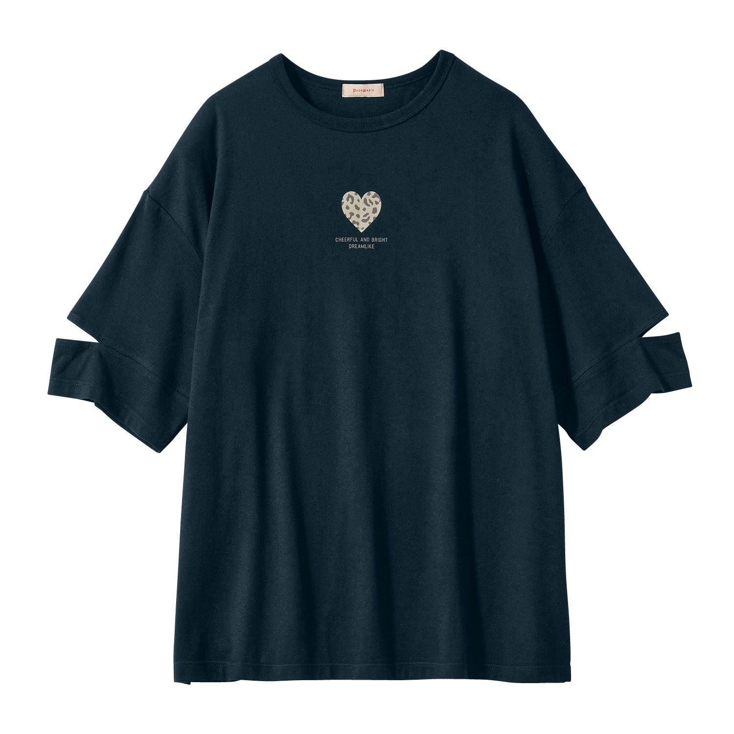 日本 Papel lapiz - 袖子開叉愛心印花寬鬆短袖上衣-米白