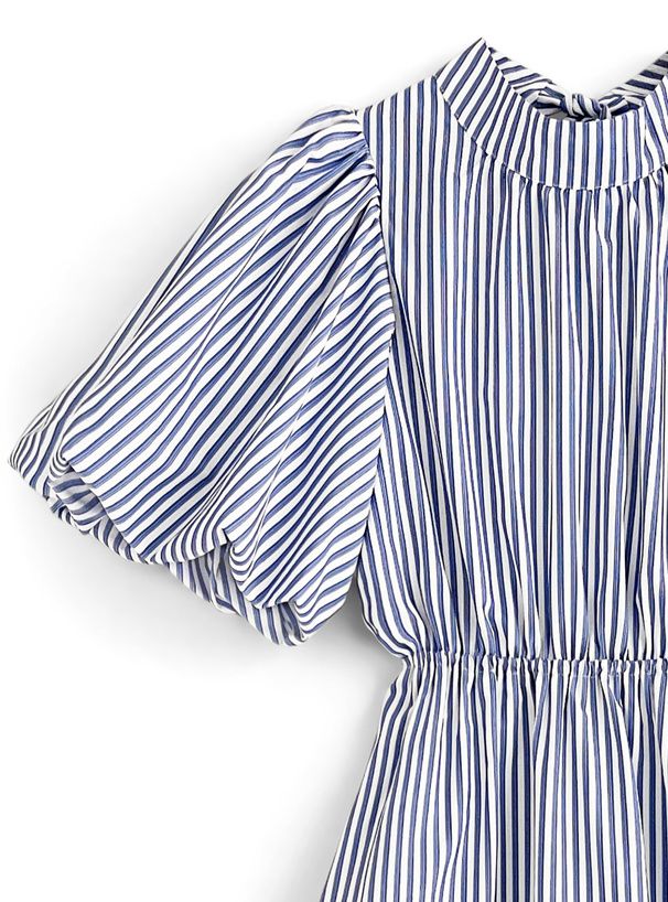 日本 GRL - 文藝浪漫後綁帶泡泡袖洋裝-直條紋-奶茶棕