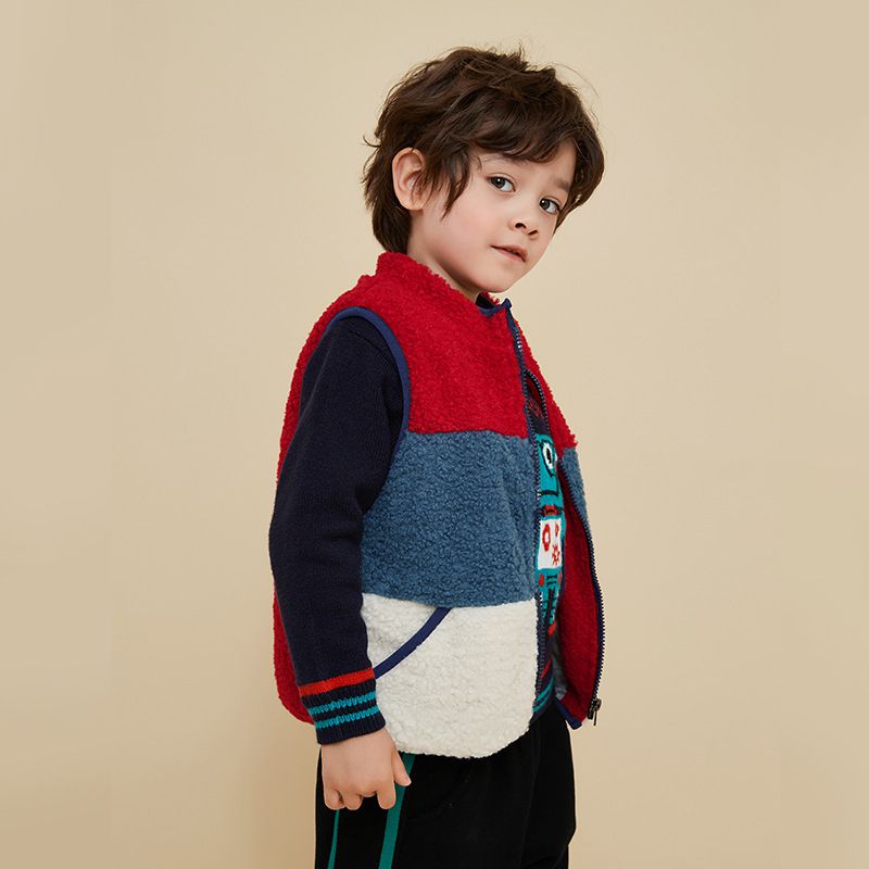 羊羔絨兒童保暖背心-拼色款-白+藍+紅