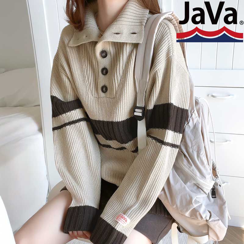 日本 Classical Elf - 排釦翻領撞色羅紋針織上衣-淺米x咖啡