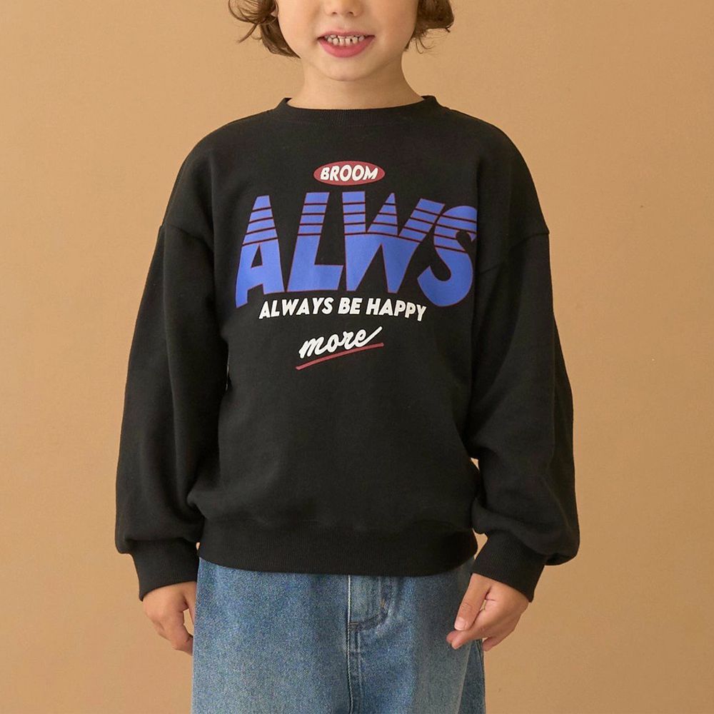 100%棉 美式印花縮口大學長袖上衣-黑