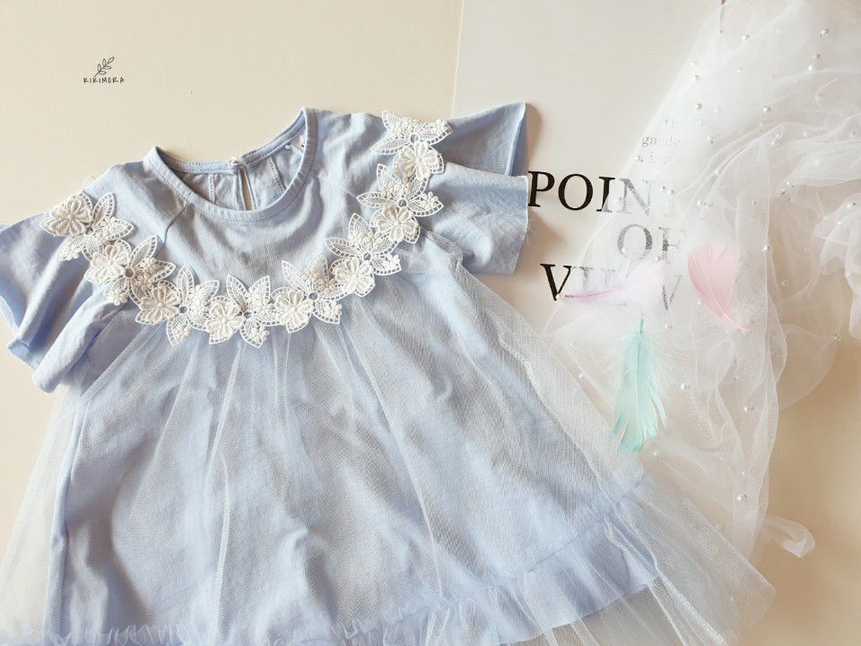 韓國 kikimora - 鏤空花圈網紗拼接洋裝-天藍