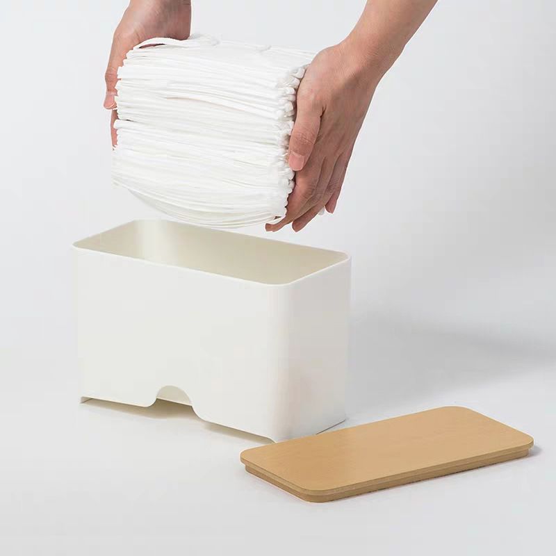 日式無印風口罩收納盒-竹板蓋款-白色 (12x23x13cm)