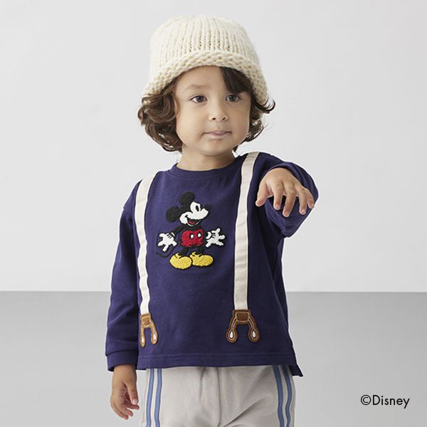 日本 petit main - 聯名款 英倫風刺繡吊帶印花長袖上衣-卡通人物米奇-條紋