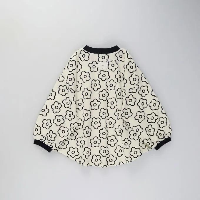 日本 BRANSHES - 圓弧下擺舒適縮口長袖上衣-線條花朵-米白
