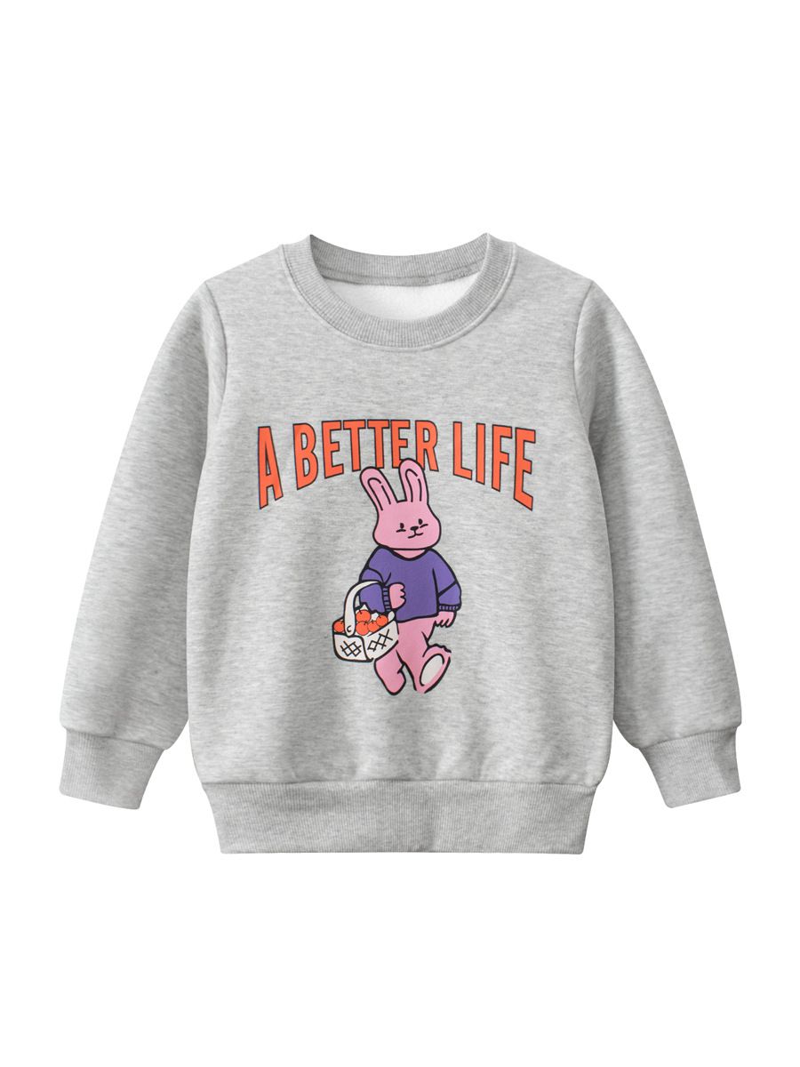 加絨圓領長袖上衣/大學T-悠閒兔兔-灰色