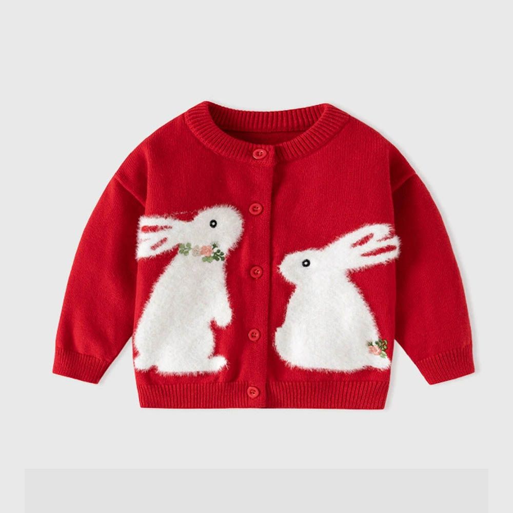 舒適圓領針織排釦外套-毛絨小兔-紅色