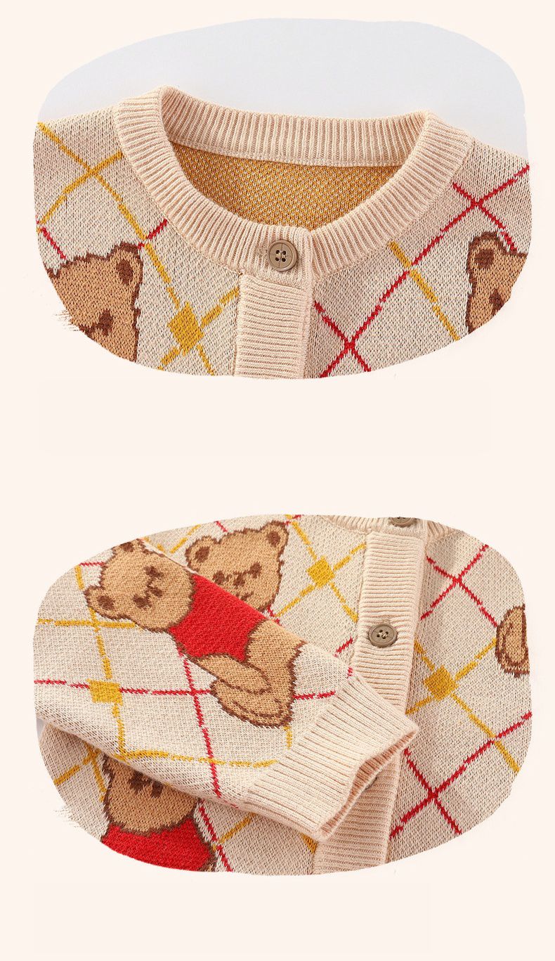 純棉圓領針織排釦外套-熊熊-卡其色