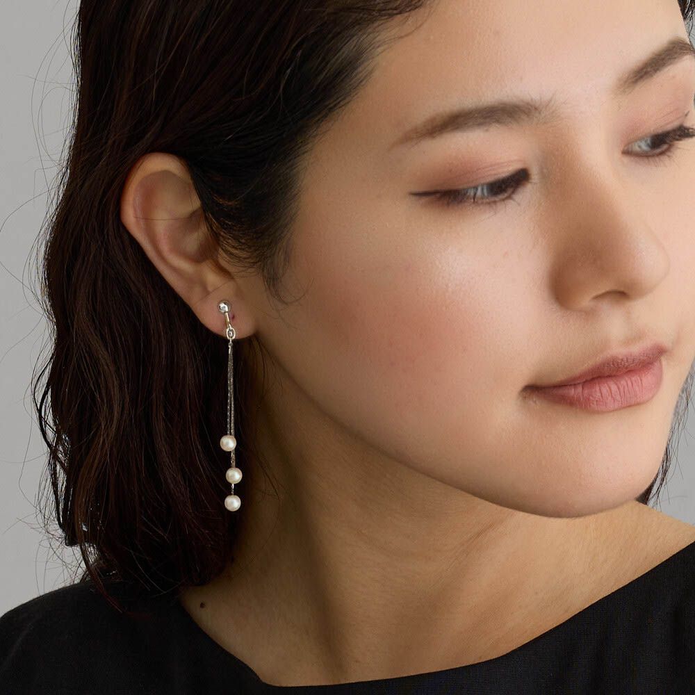 日本製 搖曳三珍珠垂墜感耳環-銀