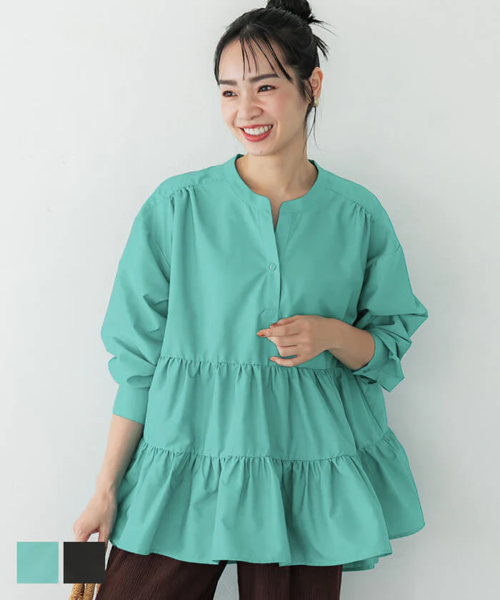 日本 COCA - 氣質蛋糕層次長袖上衣-經典黑