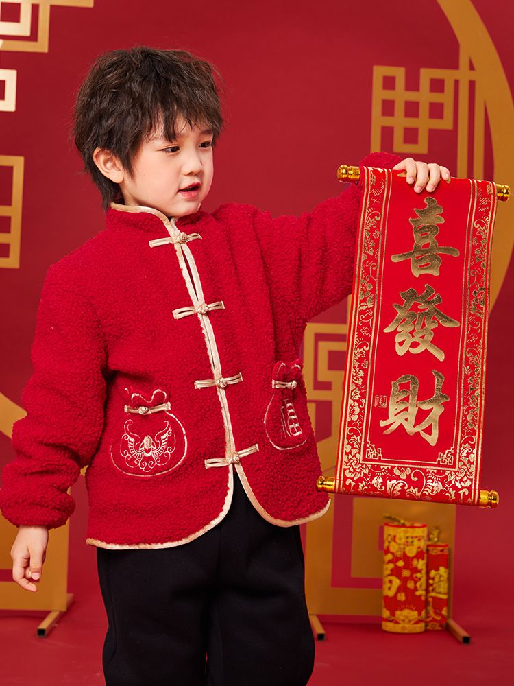 漢服風喜氣拜年立領盤釦外套-福氣口袋-紅色