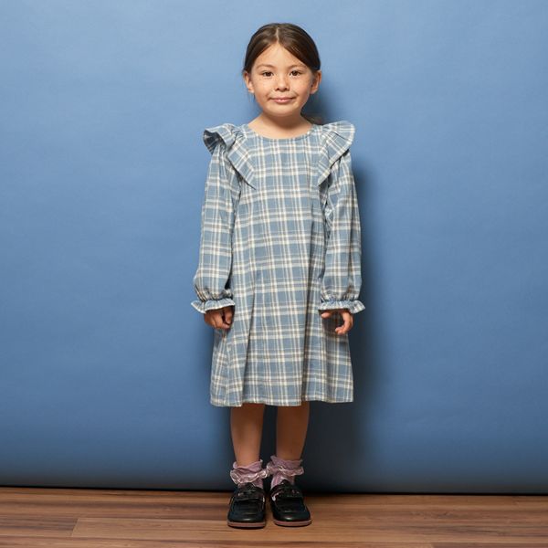 日本 Lycee mine - 法蘭絨浪漫細節長袖洋裝-卡其格紋