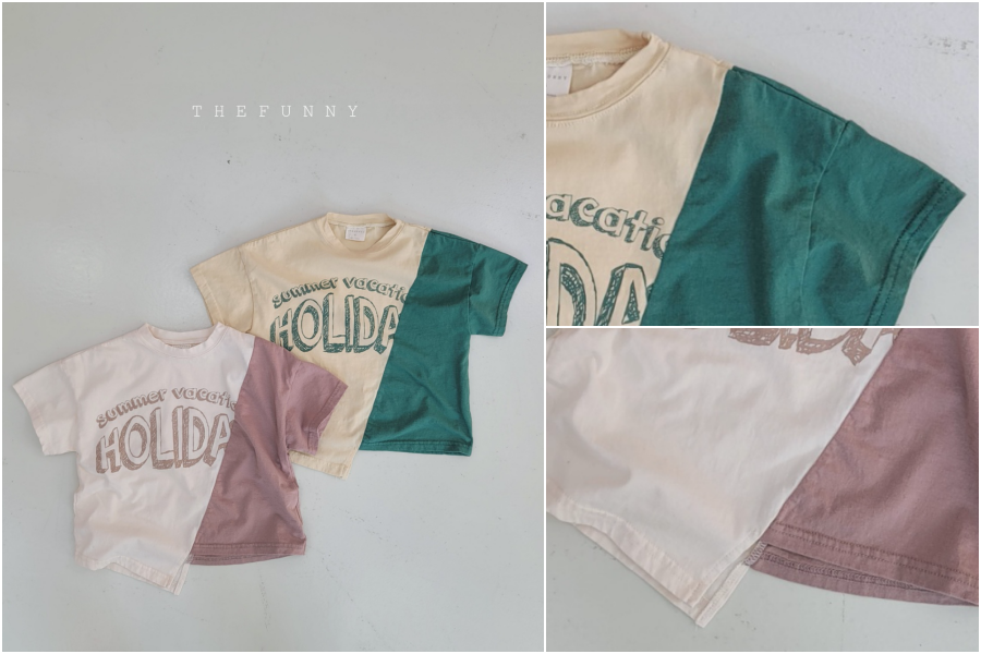 韓國 The Funny - 不對稱設計拼色純棉T-象牙白X藕粉