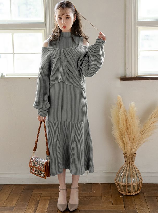 日本 GRL - 挖肩設計針織毛衣X針織魚尾長裙兩件組套裝-藍