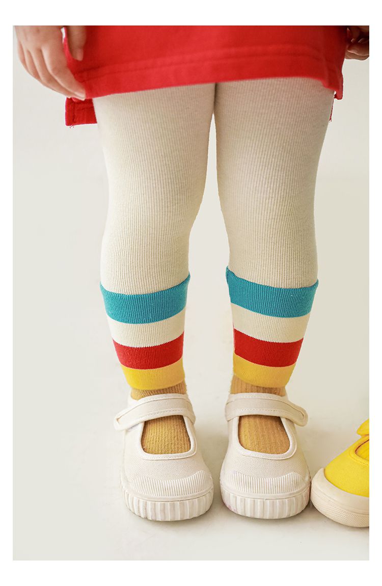 腰鬆緊羅紋束口內搭長褲-繽紛條紋-灰色