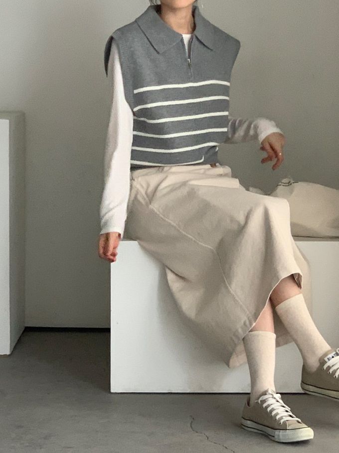 韓國女裝連線 - 拉鍊翻領條紋針織背心-灰 (FREE)