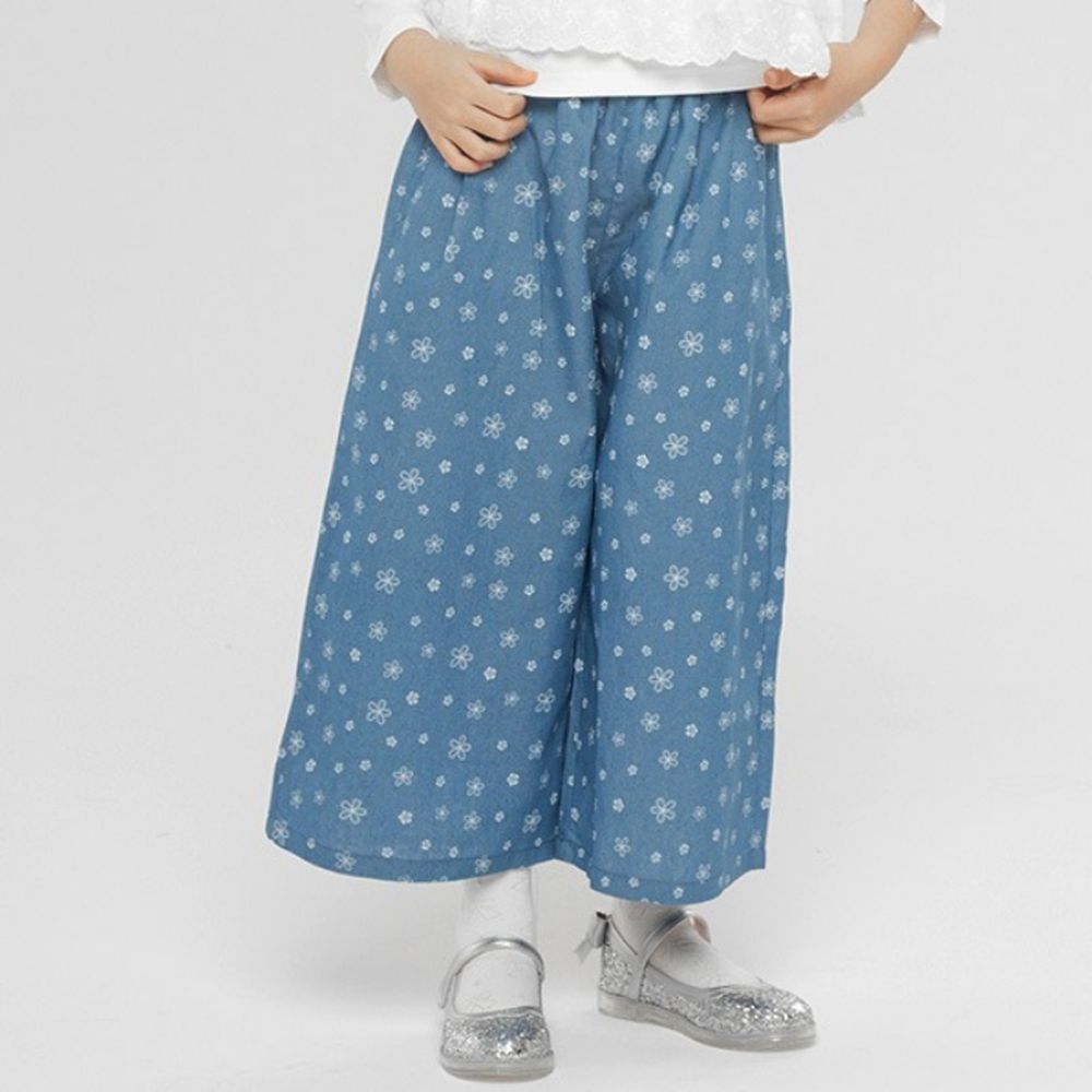 鬆緊腰花朵圖案點綴寬鬆長褲-丹寧藍