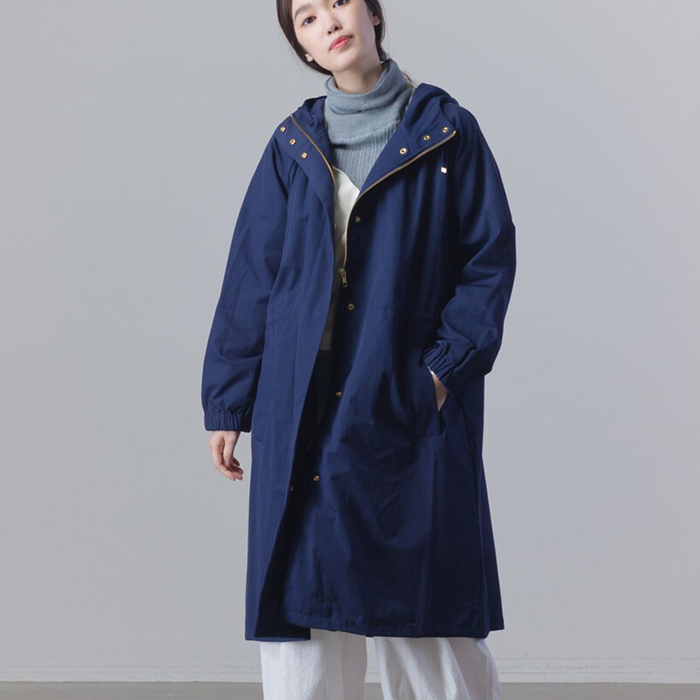 日本 OMNES - 撥水加工長版風衣連帽外套-海軍藍 (Free size)