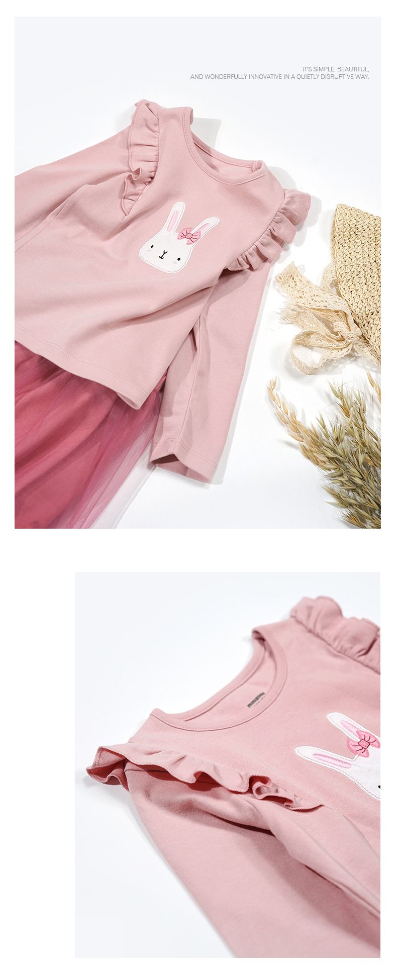 Minizone - 長袖上衣紗裙套裝-藕粉兔子