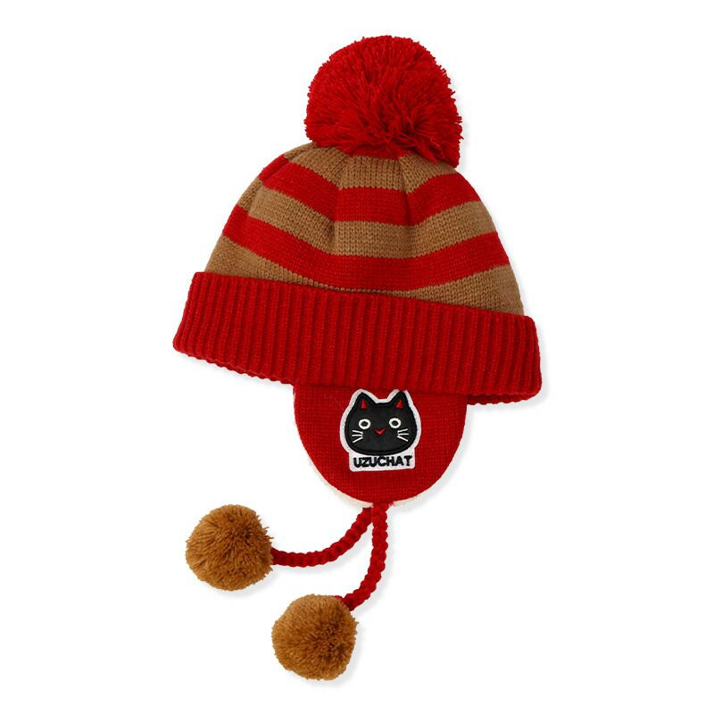 日本 ZOOLAND - 防寒刷毛保暖針織毛帽-小貓條紋撞色-粉x橘 (頭圍(50-54cm))